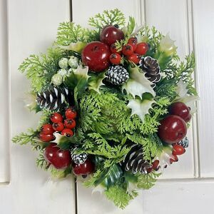 Vtg Christmas Plastic kitschy Wreath Candle Ring Holly Pine Cone Evergreen 8"